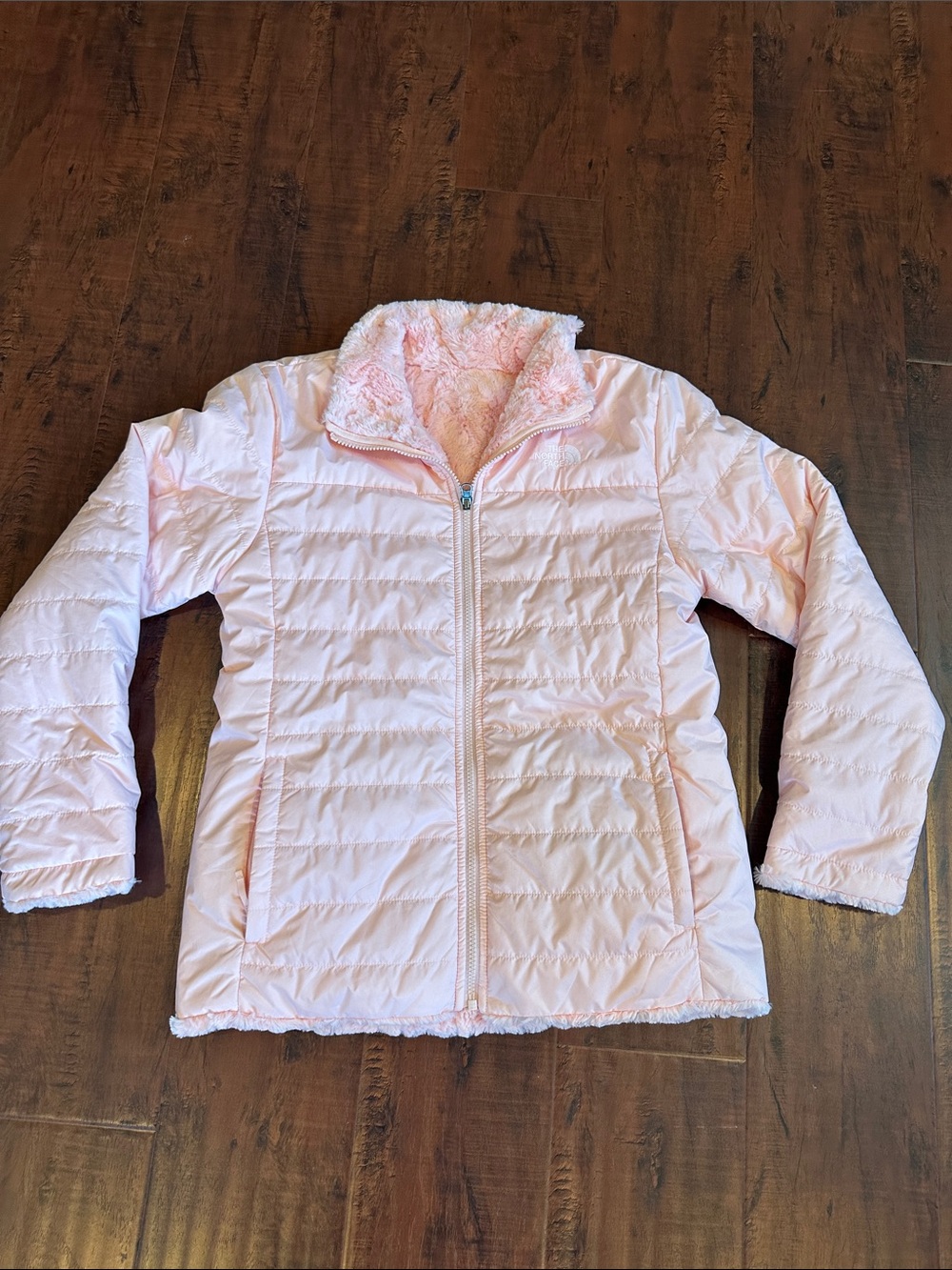 The North Face Light Pink Kids Reversible Puffer Jacket with Sherpa Collar